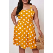 Lovely Casual Dot Print Yellow Knee Length Plus Si