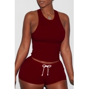 Lovely Casual Sleeveless Wine Red Two-piece Shorts