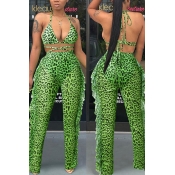 Lovely Sexy Leopard Print Green Two-piece Pants Se