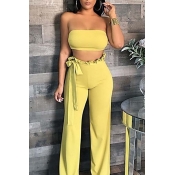 Lovely Trendy Dew Shoulder Flounce Design Yellow T