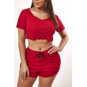 Lovely Casual Lace-up Red Two-piece Shorts Set