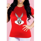 Lovely Casual Cartoon Print Red T-shirt