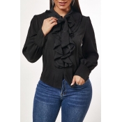 Lovely Casual Flounce Design Black Blouse
