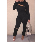Lovely Trendy Zipper Design Black Two-piece Pants 