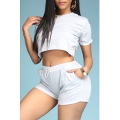 Lovely Leisure Lace-up Grey Two-piece Shorts Set