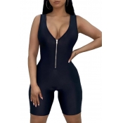 LW Sportswear Zipper Design Black One-piece Romper