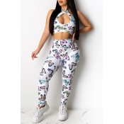 Lovely Casual Butterfly Print White Two-piece Pant