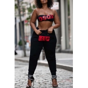 Lovely Leisure Letter Print Black Plus Size Two-pi