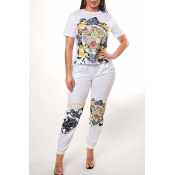 Lovely Casual O Neck Print White Two-piece Pants S