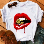 LW Plus Size Leisure O Neck Lip Print Red T-shirt