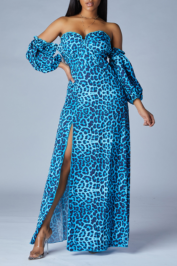 Lovely Trendy Dew Shoulder Print Blue Maxi Dress