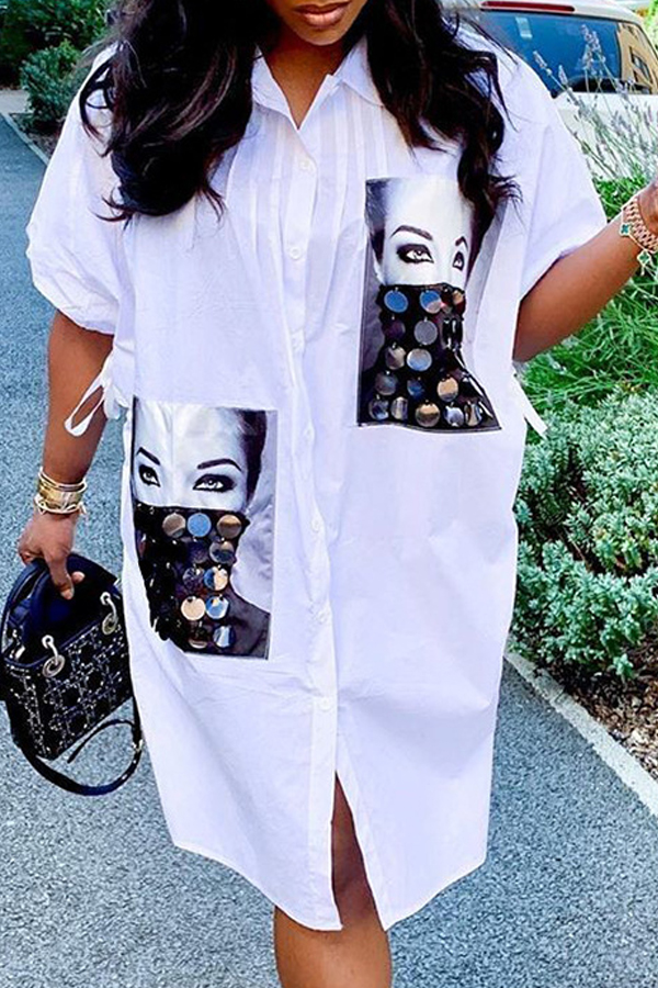 Lovely Casual Print White Knee Length Shirt Dress