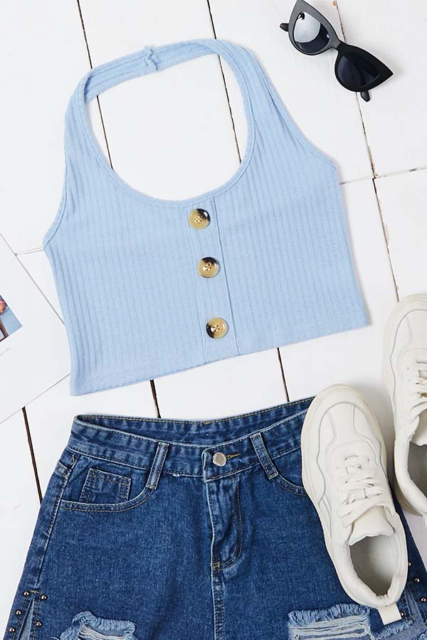 Lovely Trendy Buttons Design Blue Camisole