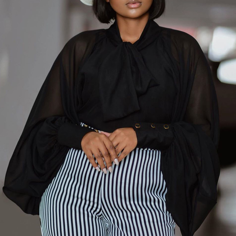 Lovely Trendy Lace-up Black Blouse