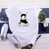 Lovely Leisure O Neck Rabbit Print White Plus Size