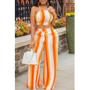 Lovely Bohemian Striped Orange Two-piece Pants Set