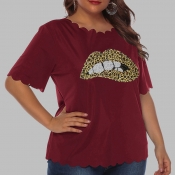 Lovely Casual O Neck Lip Print Red Plus Size T-shi