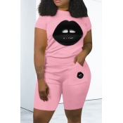 Lovely Casual O Neck Lip Print Pink Two-piece Shor