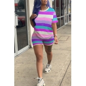 Lovely Casual Striped Purple Two-piece Shorts Set