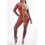 Lovely Casual Dew Shoulder Snakeskin Print One-pie