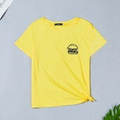 Lovely Leisure O Neck Cartoon Print Yellow T-shirt
