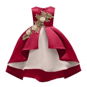 Lovely Trendy Patchwork Wine Red Girl Knee Length 