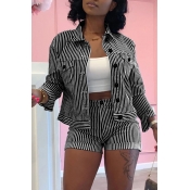Lovely Trendy Striped Black Two-piece Shorts Set
