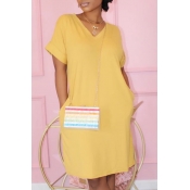Lovely Casual Pocket Patched Yellow Knee Length T-