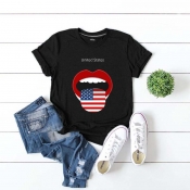 Lovely Casual Lip Print Black T-shirt