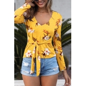 Lovely Trendy V Neck Print Yellow Blouse