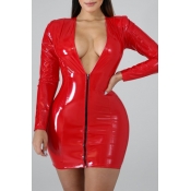 Lovely Sexy Zipper Design Red Mini Plus Size Dress