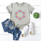 Lovely Leisure O Neck Print Grey T-shirt