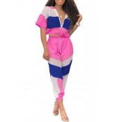 Lovely Casual Patchwork Rose Red Two-piece Pants S