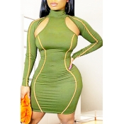 Lovely Trendy Hollow-out Green Knee Length Dress