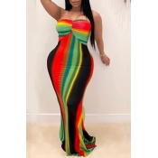 Lovely Plus Size Trendy Striped Multicolor Maxi Dr