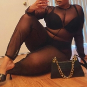 Lovely Sexy See-through Black Plus Size One-piece 