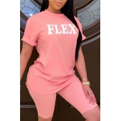 Lovely Casual Letter Pink Two-piece Shorts Set