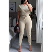 Lovely Leisure Lace-up White Two-piece Pants Set