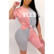 Lovely Casual Patchwork Pink Two-piece Shorts Set