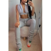 Lovely Sexy Lace-up Grey Two-piece Pants Set