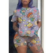 Lovely Casual Cartoon Print Grey Two-piece Shorts 
