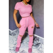 Lovely Casual Hollow-out Pink Two-piece Pants Set