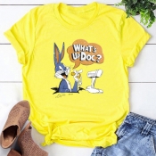 Lovely Leisure O Neck Cartoon Print Yellow T-shirt