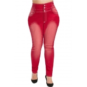 Lovely Casual Buttons Design Red Plus Size Jeans