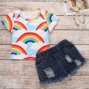 Lovely Casual Rainbow Print Yellow Girl Two-piece 