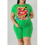 Lovely Leisure Lip Print Green Plus Size Two-piece