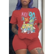 Lovely Casual Cartoon Print Red Two-piece Shorts S