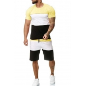 Men Lovely Casual Patchwork Yellow Two-piece Short