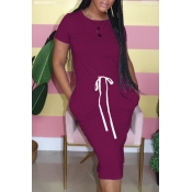 Lovely Casual O Neck Lace-up Purple Knee Length Dr