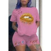 Lovely Leisure Lip Print Pink Two-piece Shorts Set